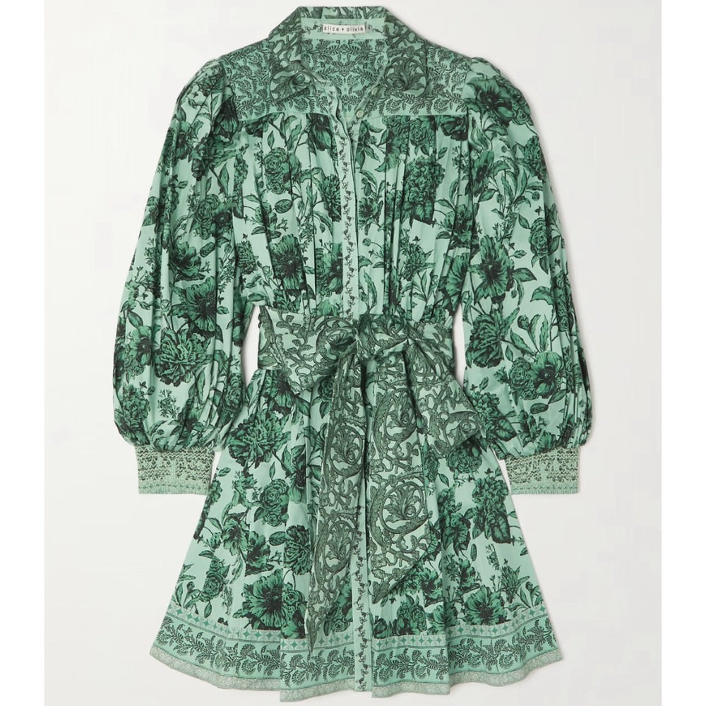 Alice and Olivia Tiffie Belted Floral Print Green Dress Size 2